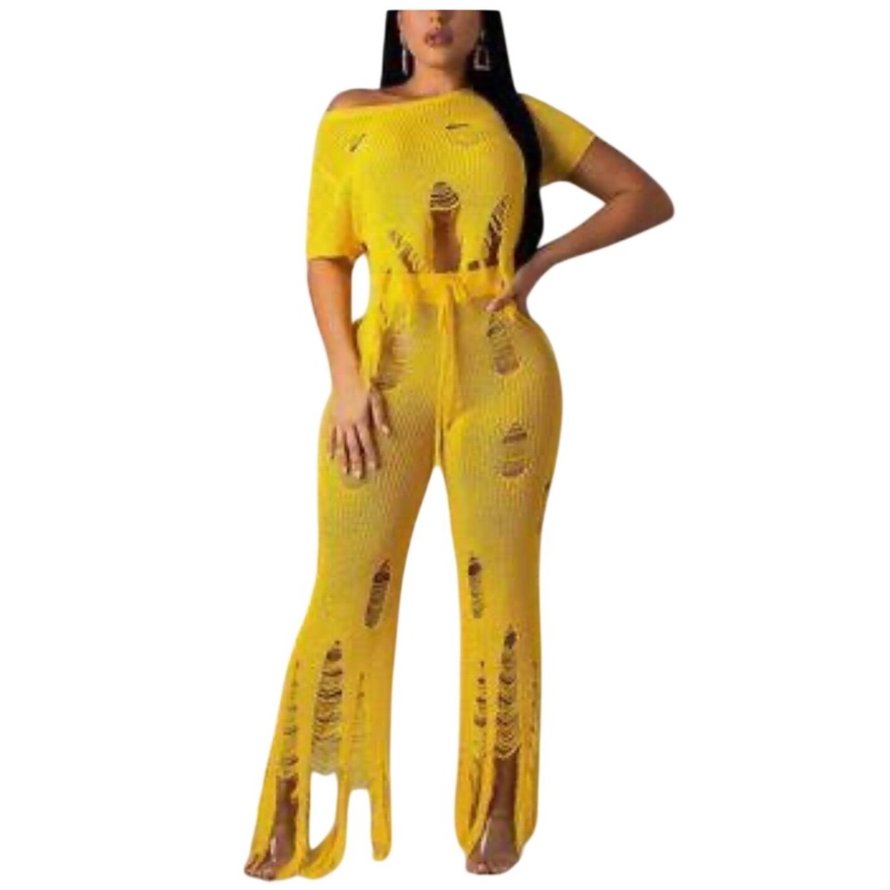Love Sense Yellow Distressed Knit Pants Women Medium High Waist Ripped Fringe
